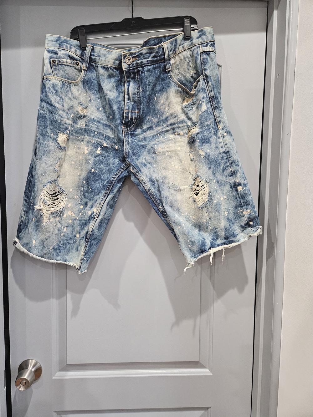 Men's Distressed Blue Denim Shorts - Washed Paint-Splatter